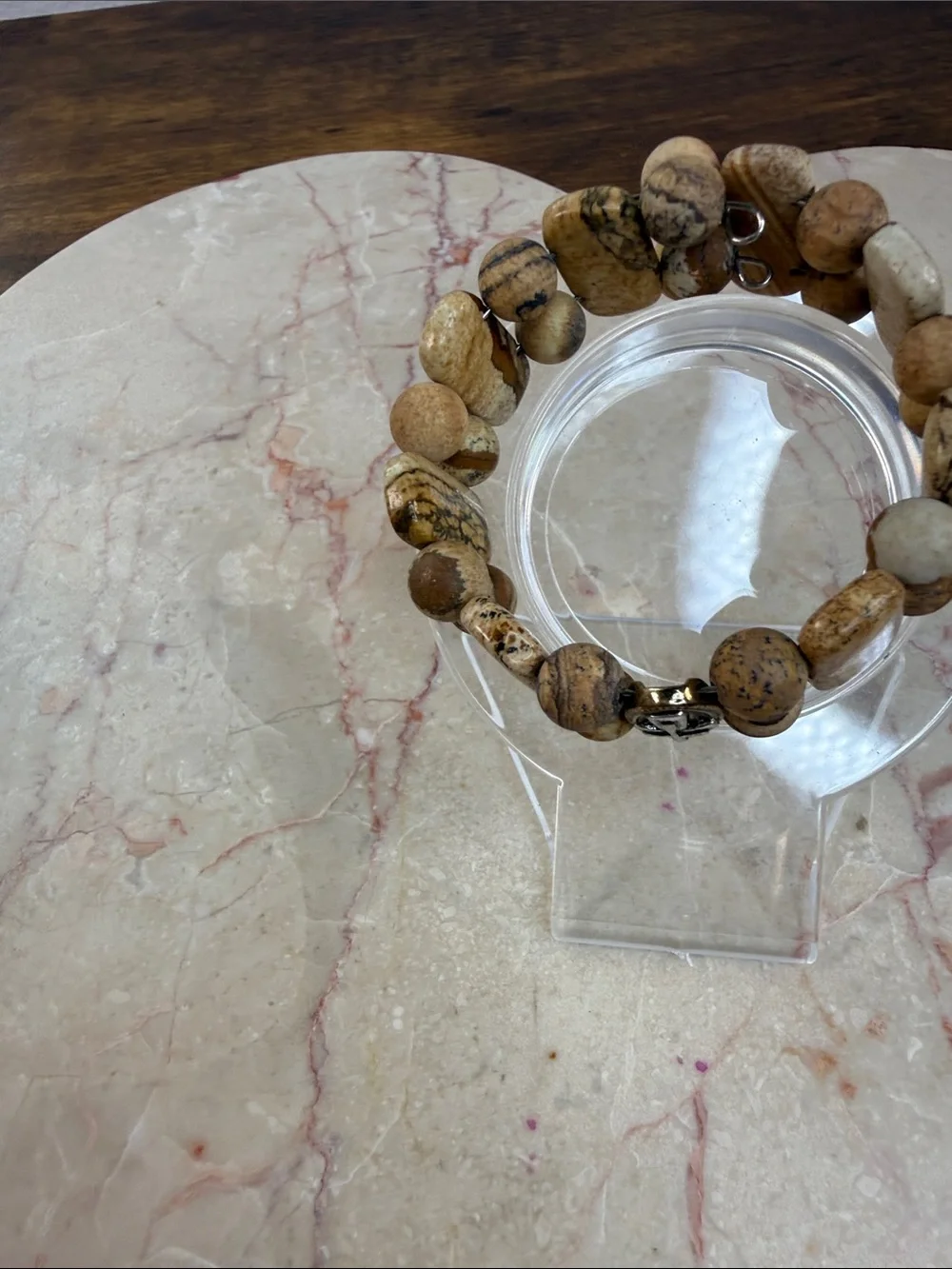 Brown Natural Stone Beaded Stretch Bracelet with Silver Cross Accent